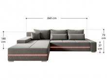 Pohovka Davos 300649, s LED, pohodlná pohovka, ve tvaru L, s funkcí spaní, 260 x 72 x 180 cm